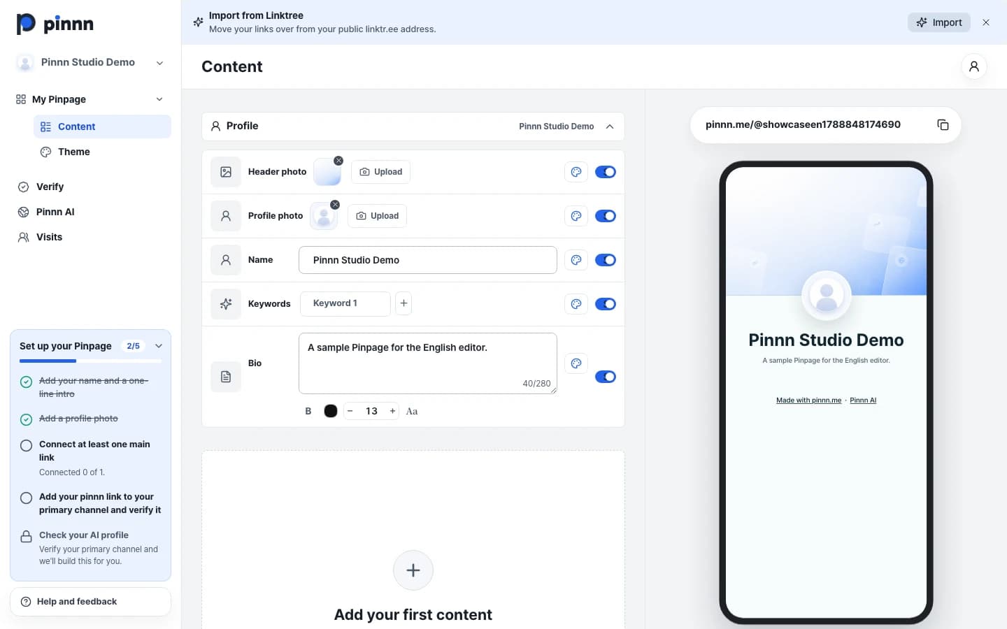 Pinnn profile and content editor