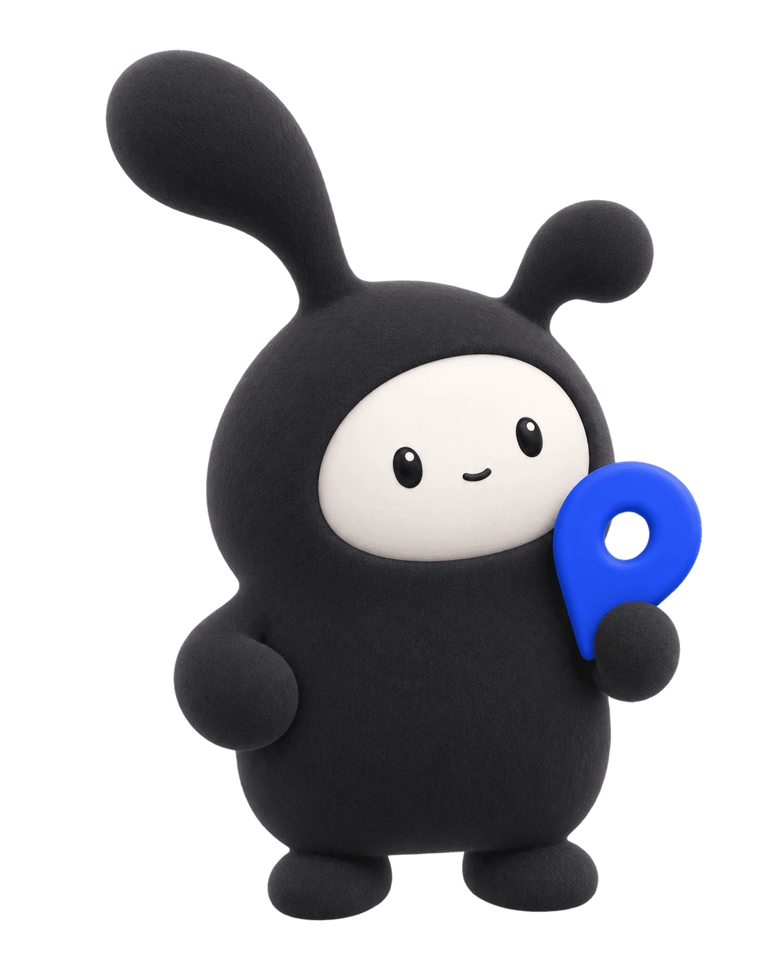 파란 Pinnn 핀 아이콘을 들고 있는 검은색 Pinnn 마스코트
